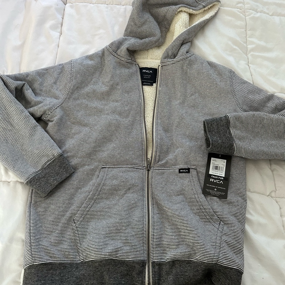 RVCA Kids Navy & White Striped Sherpa-Lined Hooded Jacket